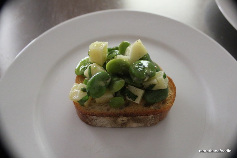 fava beans pecorino romano on tuscan bread