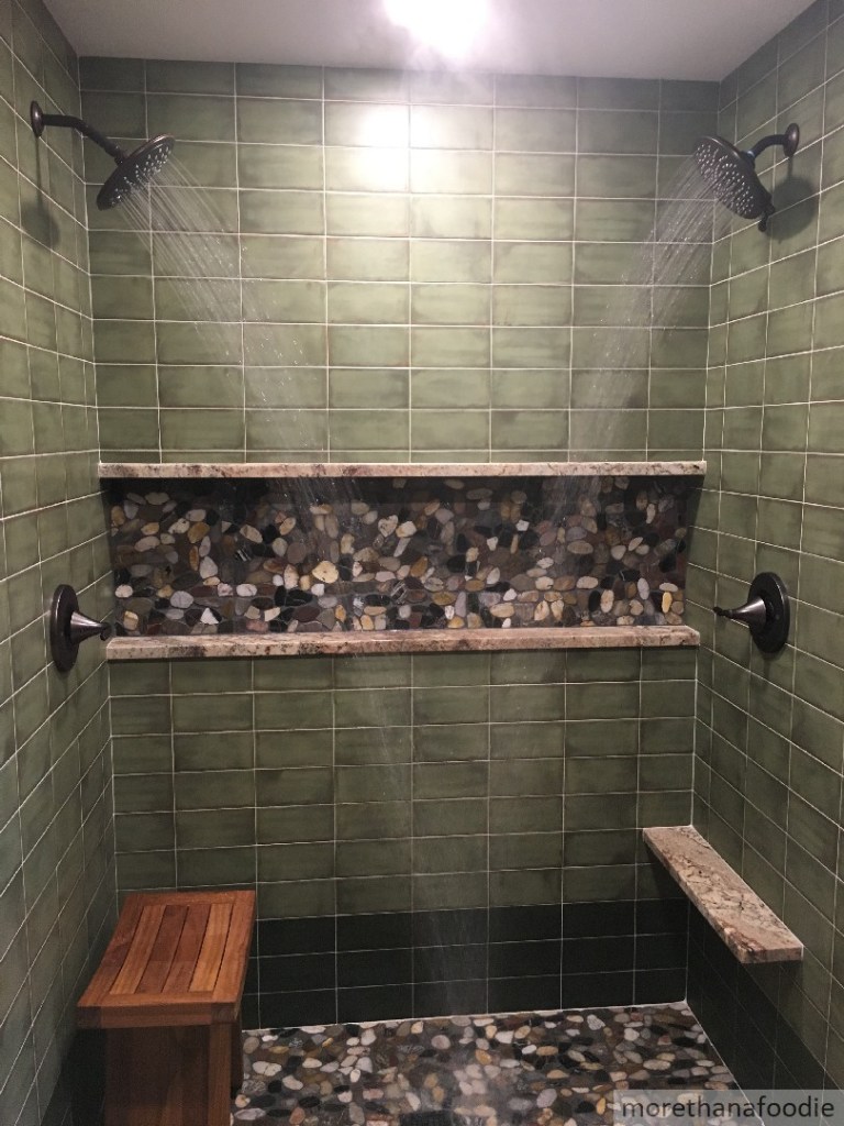 green walk in shower frida kahlo remodeled bathroom